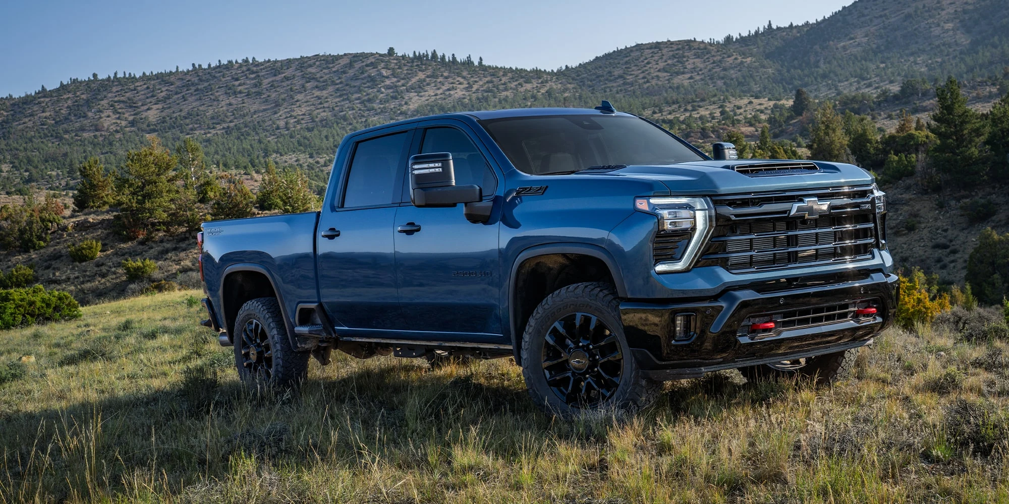 Blue Chevrolet Silverado HD parked in a grassy field, front three-quarter view
